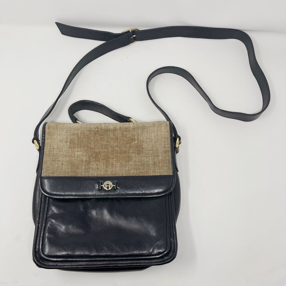 Vintage Etienne Aigner Brown Black Leather Linen Crossbody Bag Satchel Foldover
